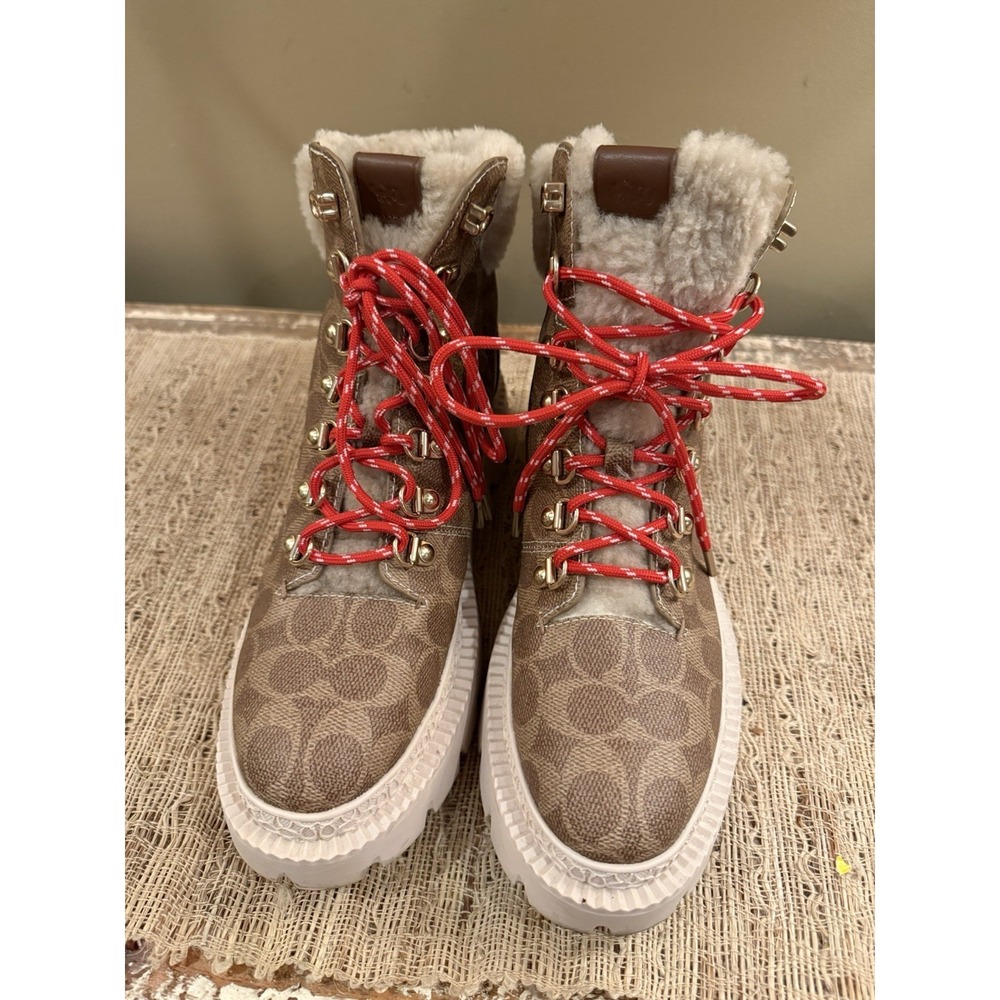 Coach Janel Signature Logo Print Shearling Accent Lug Sole Hiker Booties Sz-8.5 - Picture 9 of 14